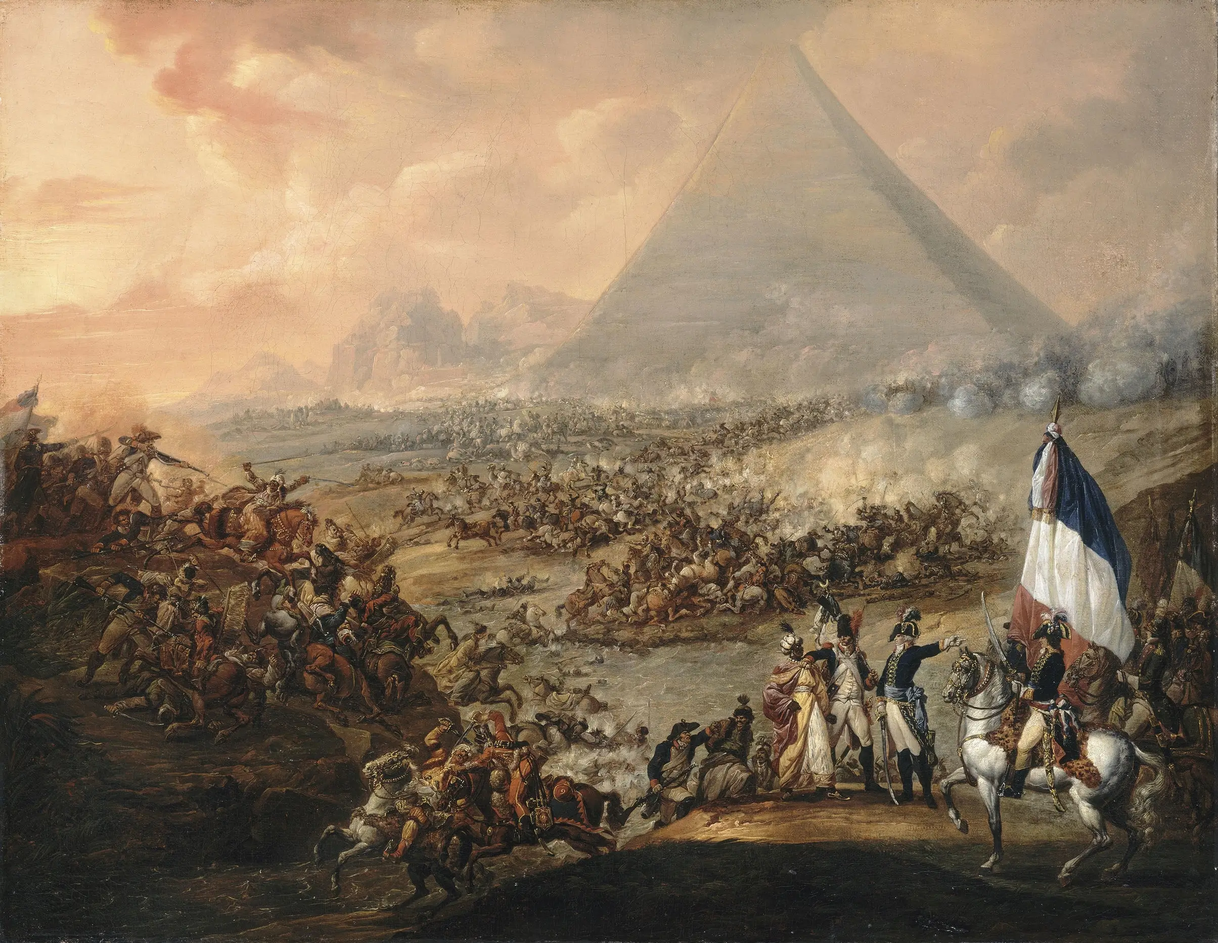 La Batalla de las Pirámides (1798) entre el ejército francés en Egipto –bajo las órdenes de Napoleón Bonaparte– y las fuerzas locales mamelucas. Pintura de François Louis Joseph Watteau.
