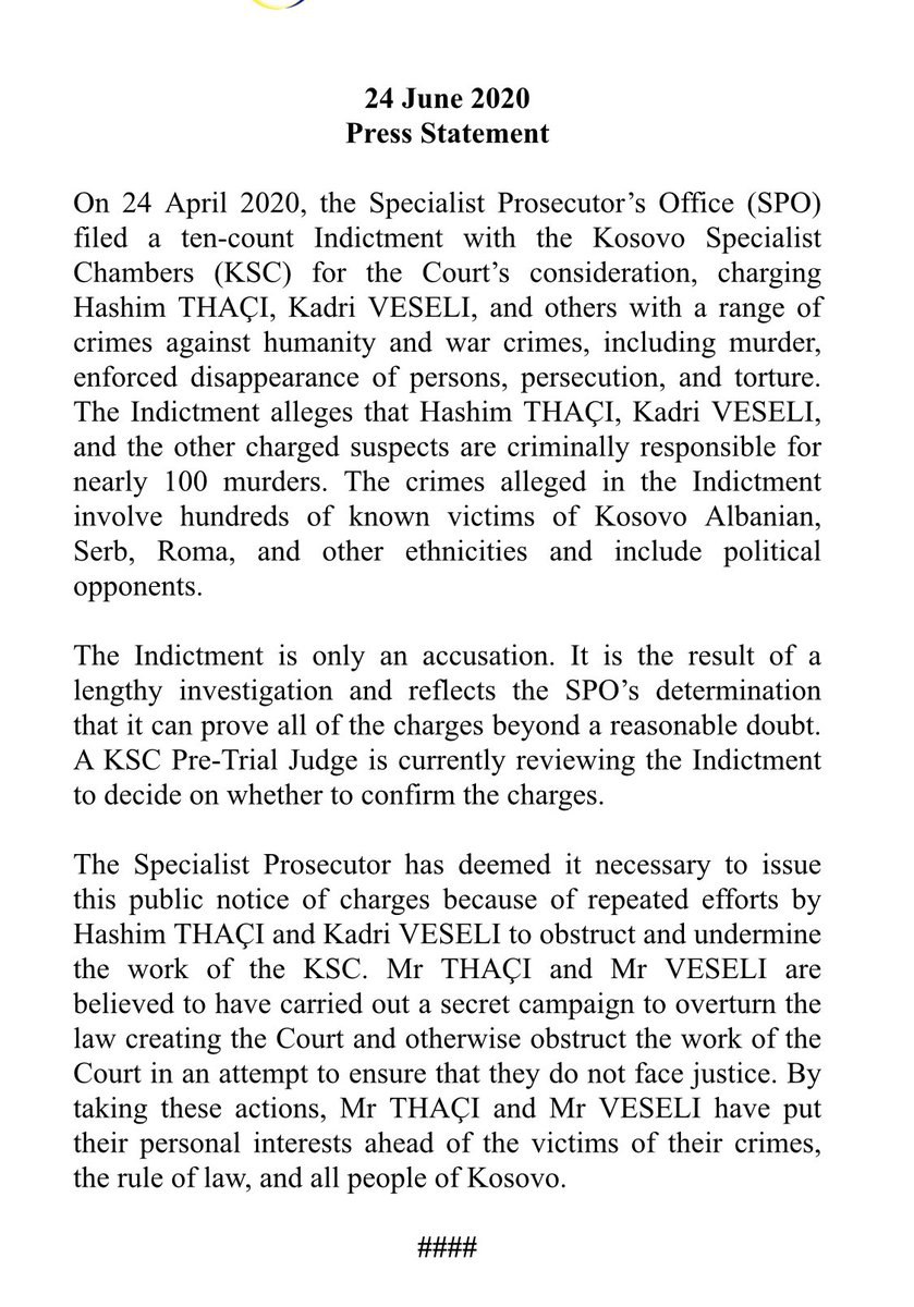 Acusación contra Hashim Thaçi, presidente de Kosovo, por la Fiscalía del Tribunal Especial para Kosovo de La Haya, 24 de junio de 2020. 