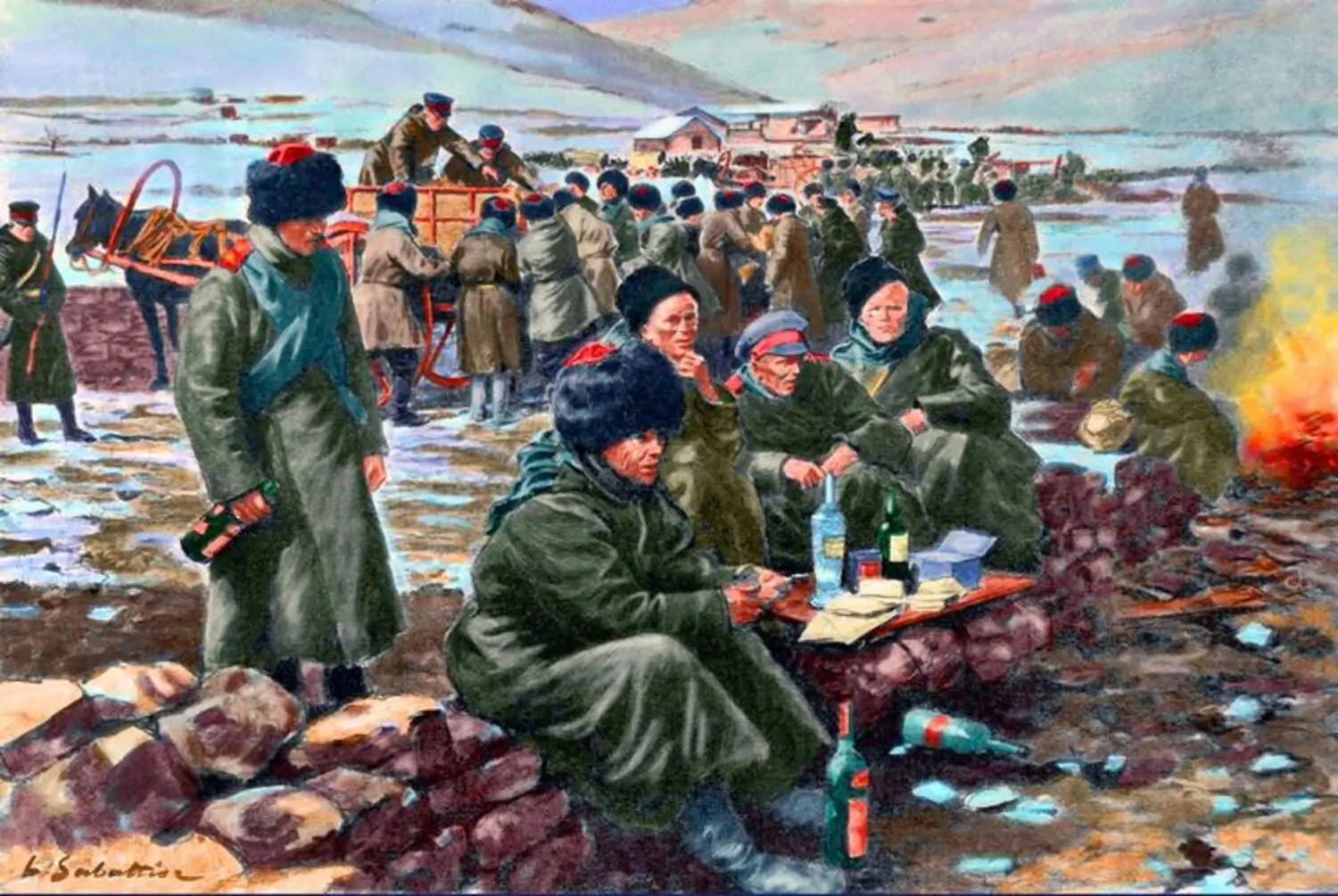 Soldados rusos con botellas de alcohol durante la guerra ruso-japonesa (1904-1905).