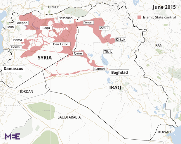 Territorio bajo control de Estado Islámico en junio de 2015 / Fuente: Middle East Eye