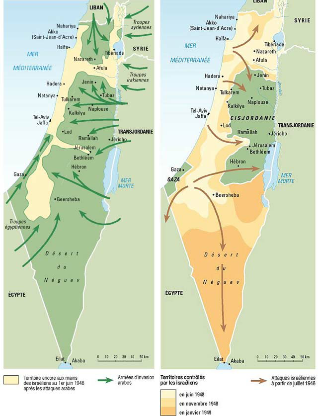  A la izquierda territorios controlados por Israel el 1 de julio de 1948 (beige) y las ofensivas árabes y territorio controlado por el Ejercito de liberación Árabe (verde). A la derecha territorios recuperados y capturados por las FDI entre junio de 1948 y enero de 1949 (beige) y ofensivas israelíes (marrón).