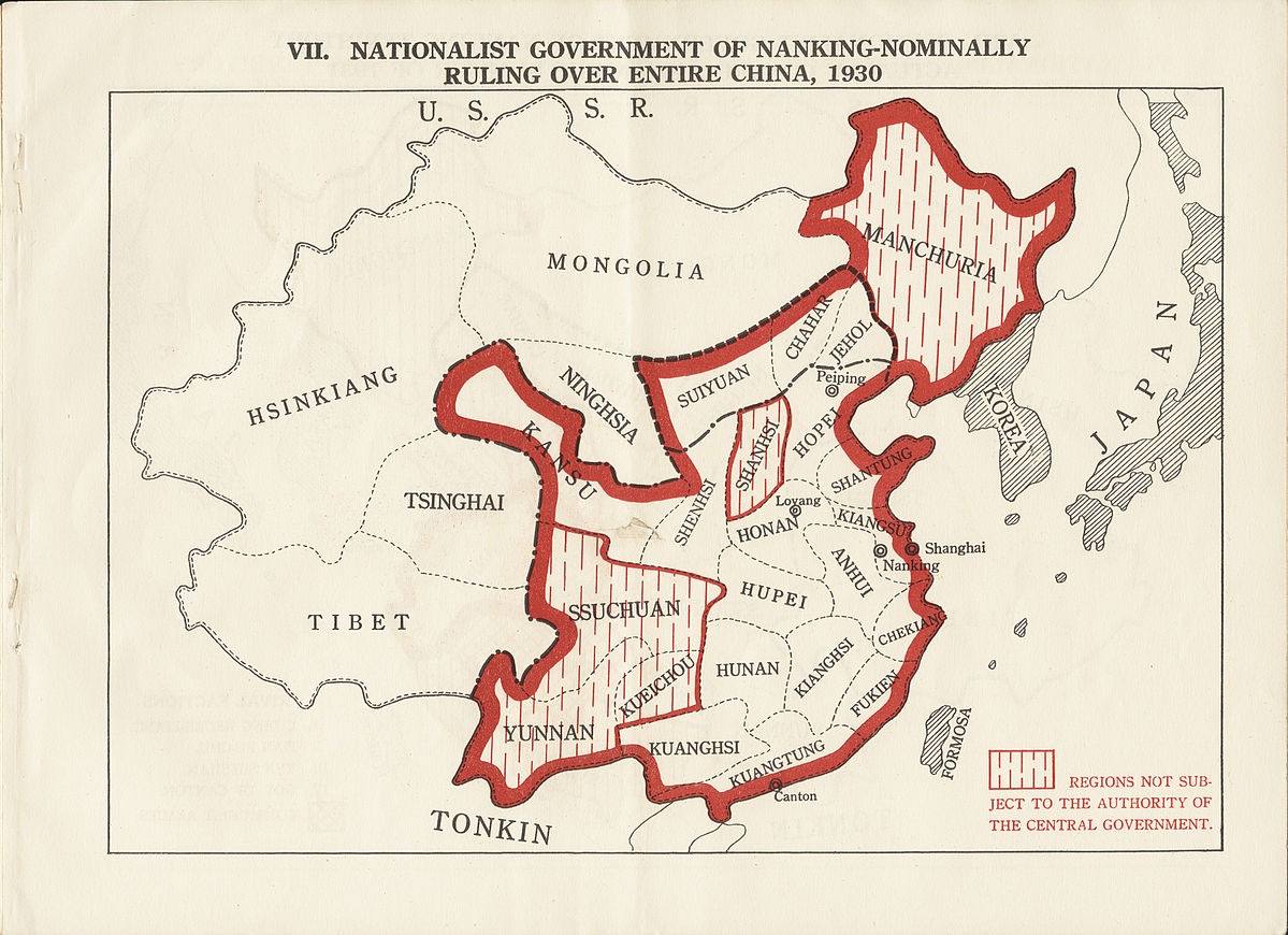 Mapa político de china en 1930 sobre papel, con tinta roja y negra