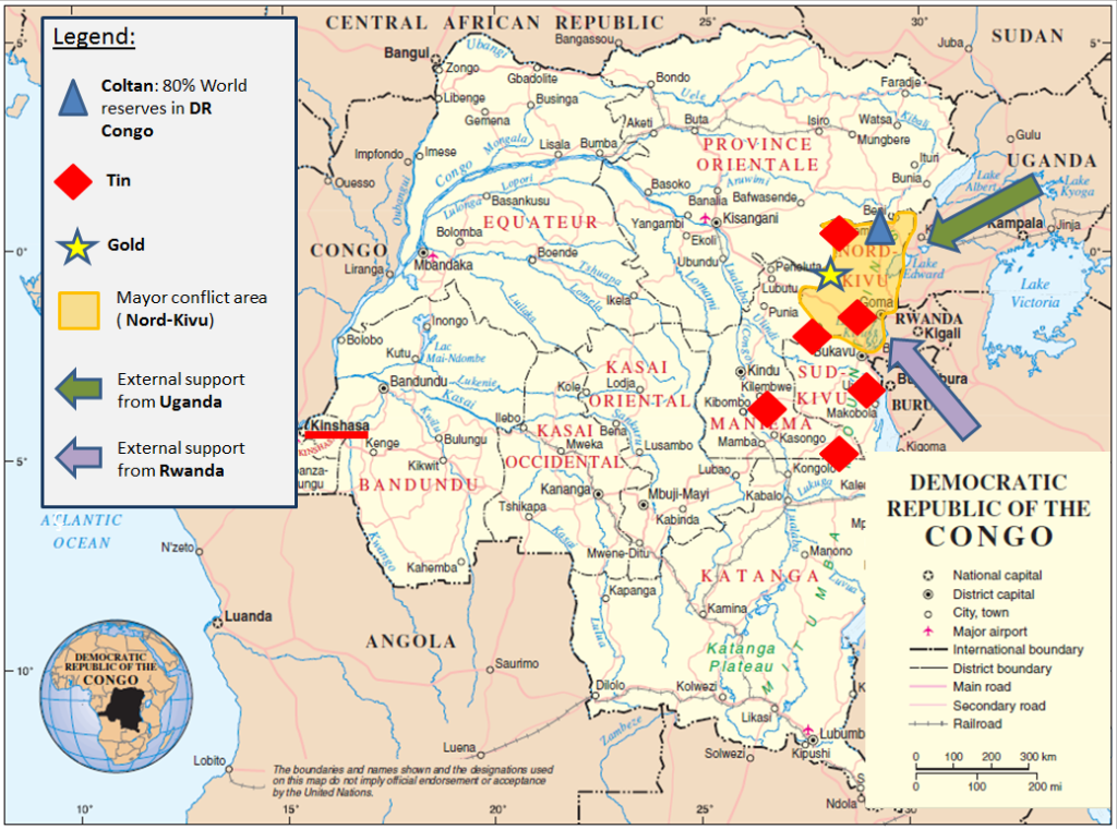 Mapa de la República Democrática del Congo con las zonas de mayor conflicto y los principales yacimientos mineros. Fuente: www.politicainternacional.es
