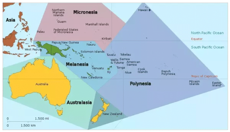  Mapa político de Oceanía con sus subregiones diferenciadas