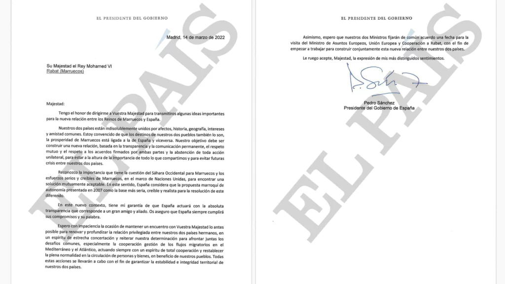 Carta de Pedro Sánchez a Mohammed VI anunciando el cambio de política de España en el Sáhara.