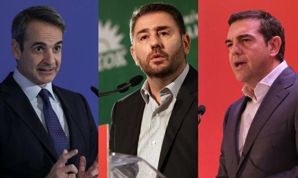De izquierda a derecha; el primer ministro Kyriakos Mitsotakis (Nueva Democracia); Nikos Androulakis (PASOK-KINAL); Alexis Tsipras (Syriza).