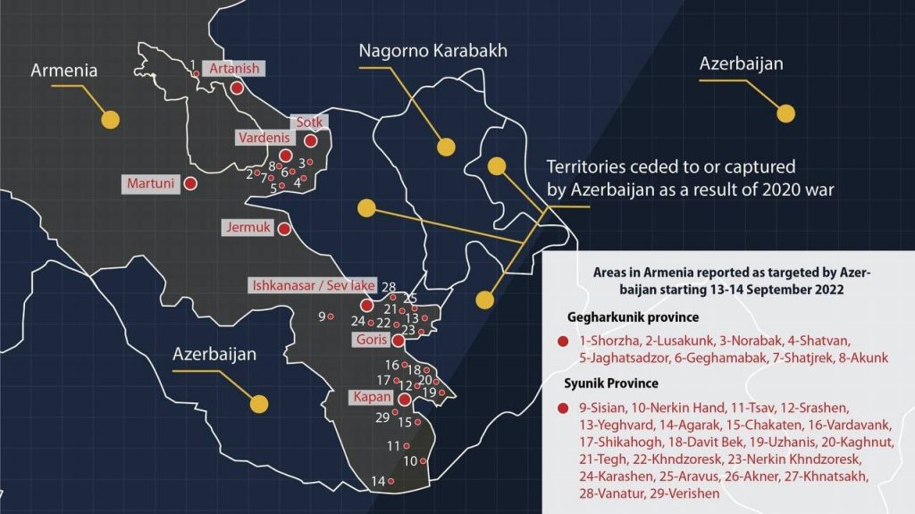 Mapa publicado por el Ministerio de Exteriores de Armenia mostrando los puntos en los que se habían producido ataques azeríes entre el 13 y el 14 de septiembre