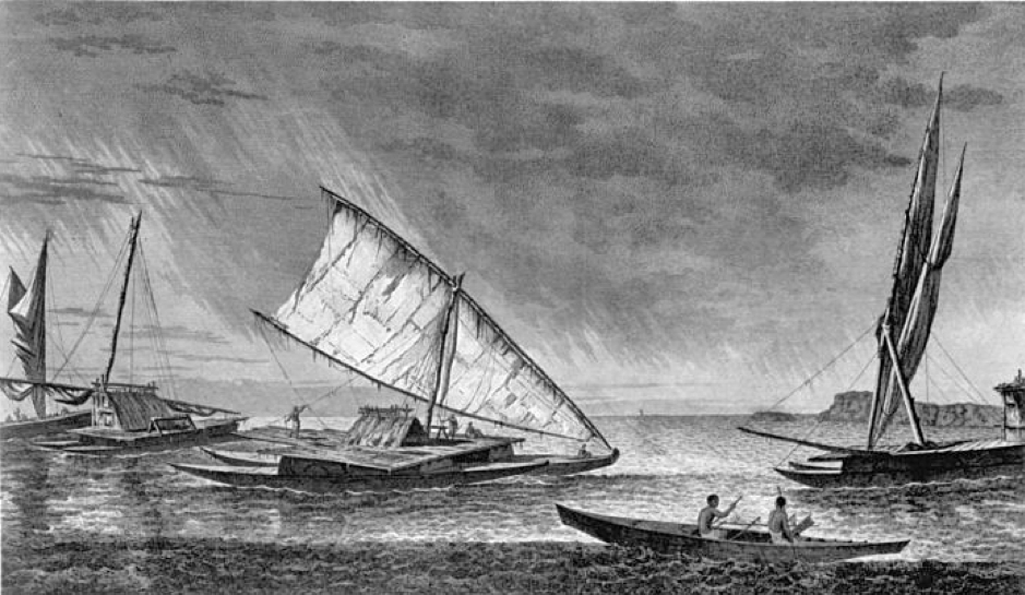Ilustración de canoas tonganas realizada por el marino británico W.Hodges en 1773