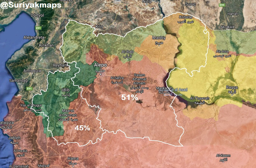 Control territorial de Idlib y Alepo. Rojo: gobierno sirio, verde oscuro: HTS, verde claro: SNA pro-turco