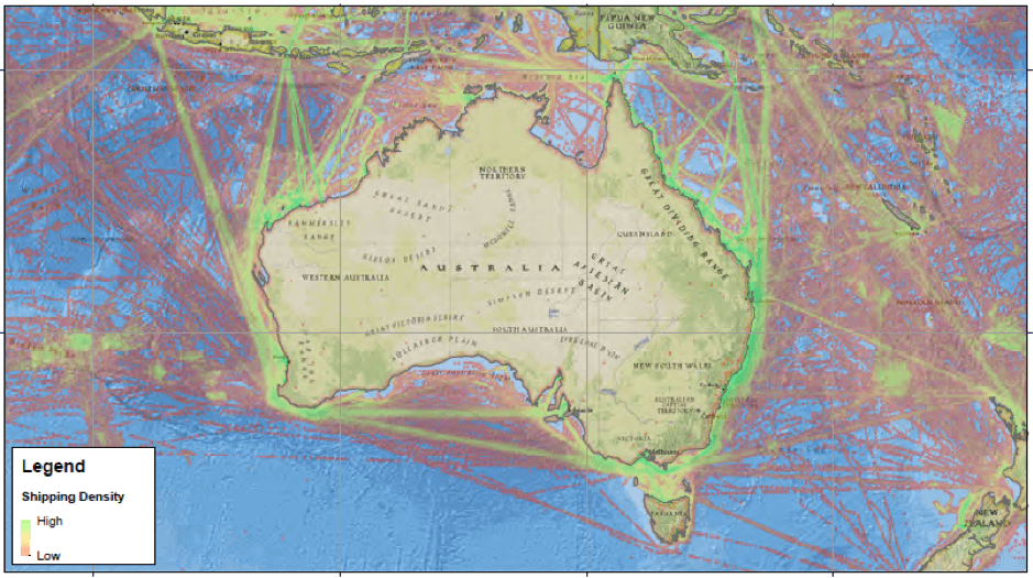 Rutas marítimas de Australia. Al norte, cerca de Timor Oriental, se encuentran algunas de las más importantes.