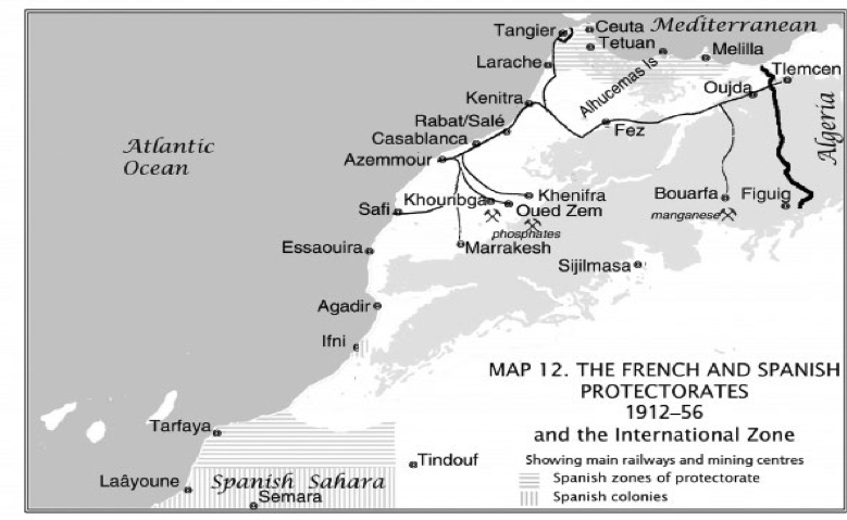 Principales vías férreas y minas durante el protectorado francés de Marruecos. 