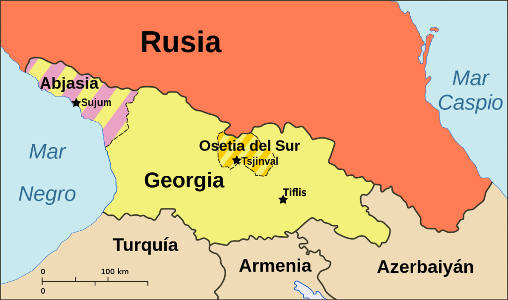 Mapa de Georgia y de los territorios de Abjasia y Osetia del Sur, aliados de Rusia.