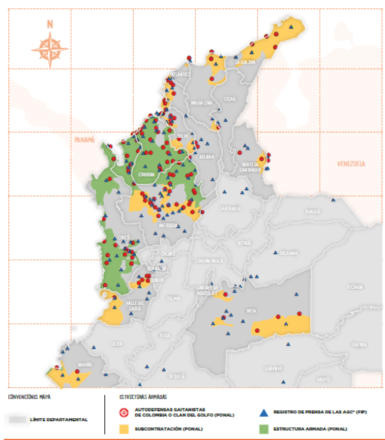 Presencia de las autodenominadas Autodefensas Gaitanistas de Colombia (AGC) o el GAO - Clan del Golfo. 