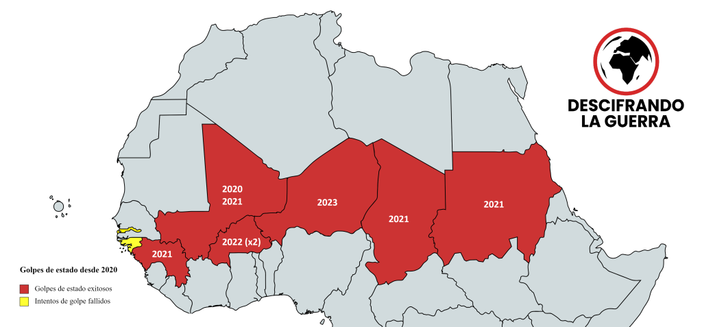El "cinturón de golpes" del Sahel. Mapa mostrando los golpes de estado, exitosos y fallidos, ocurridos en la región desde 2020