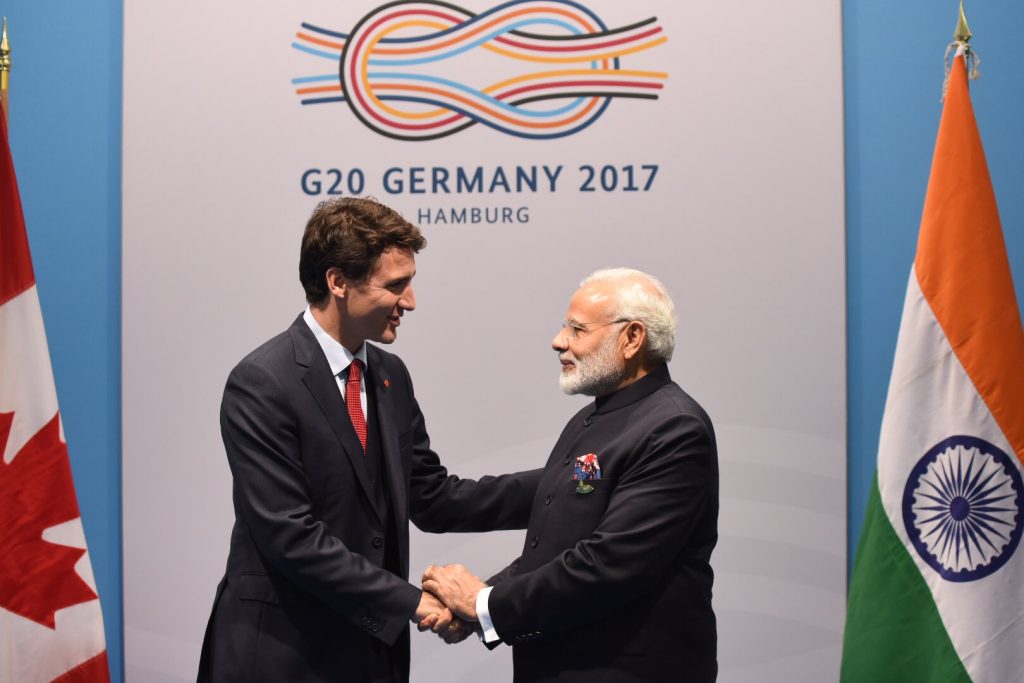 Narendra Modi y Justin Trudeau, dirigentes de India y Canadá, reunidos en el marco de la cumbre del G-20 de Hamburgo, celebrado en 2017.