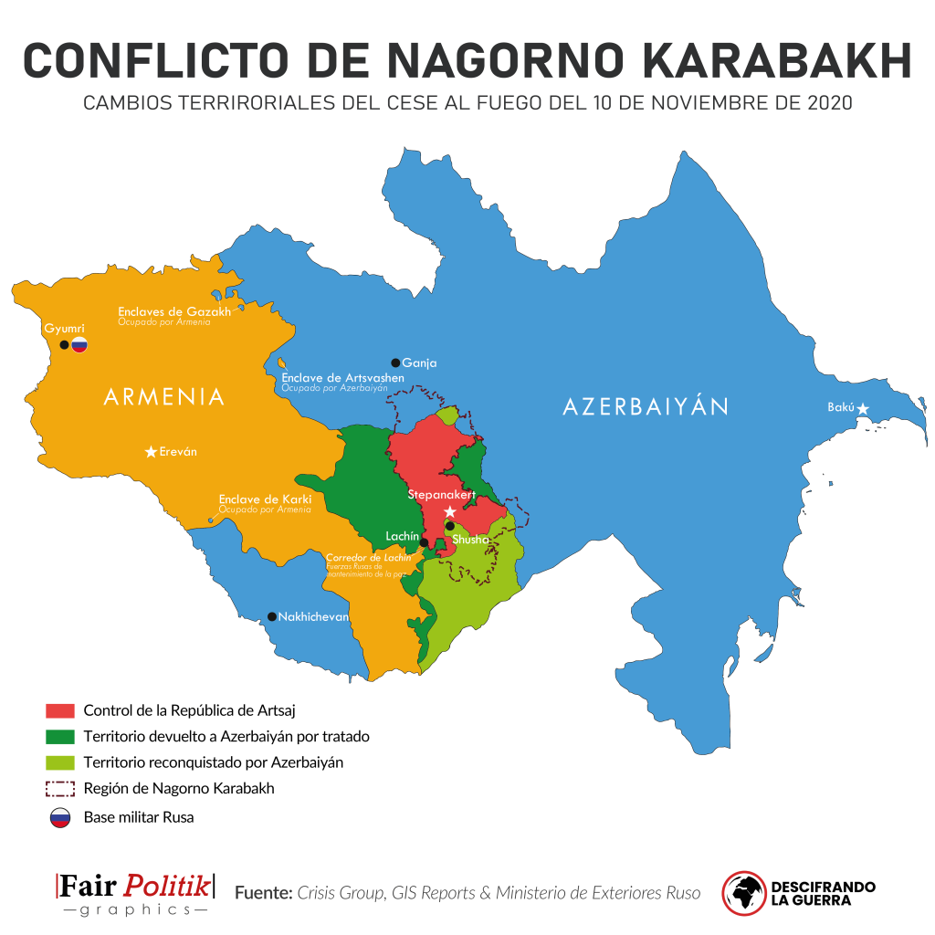 Mapa con la situación entre Armenia-Azerbaiyán. La situación podría cambiar tras la tercera guerra de Nagorno-Karabaj
