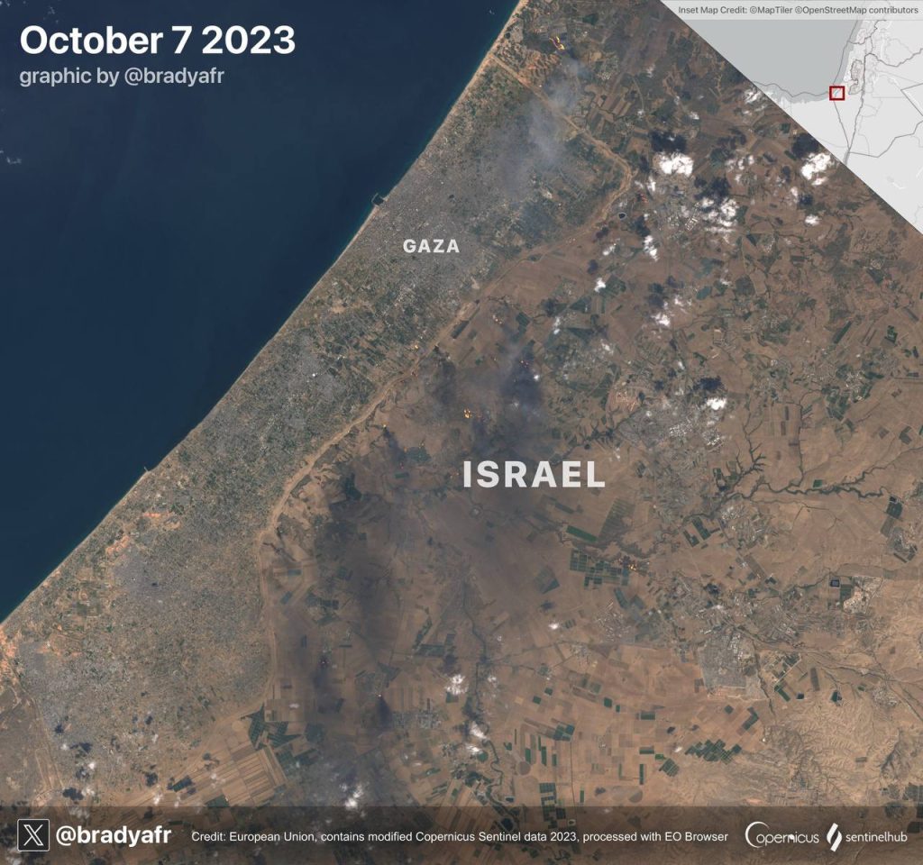 Imágenes satelitales de la situación en torno a la Franja de Gaza. Foto del primer día de la guerra entre facciones palestinas e Israel.