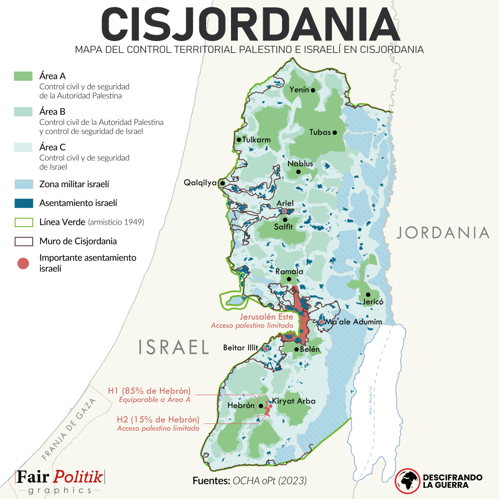 Mapa a color de la ocupación israelí de Cisjordania y la división administrativa del territorio