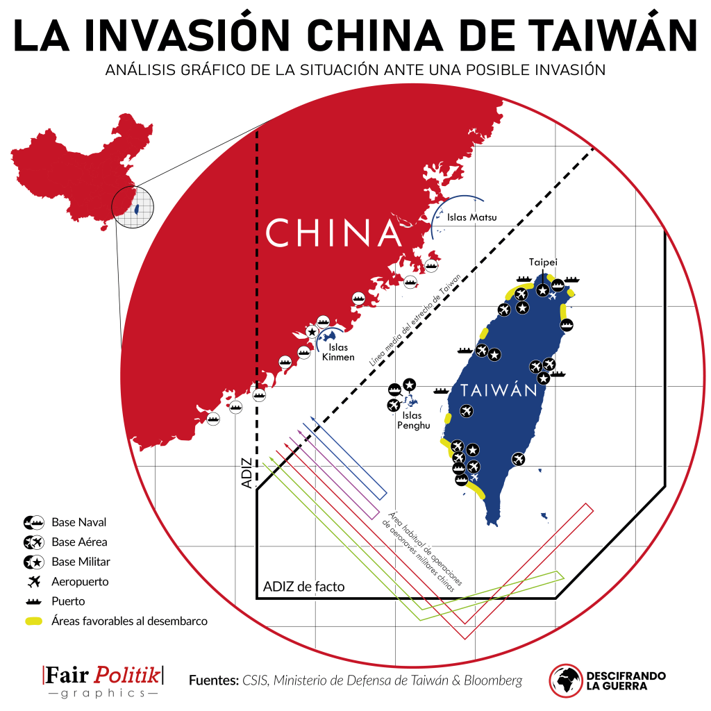 Principales instalaciones militares e infraestructura civil clave en el Estrecho de Taiwán, las áreas favorables al desembarco en la isla y la zona habitual de las operaciones aéreas de aeronaves del EPL en la ADIZ taiwanesa.