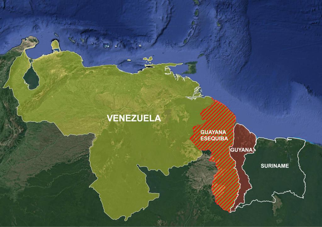 Mapa de la región del Esequibo en disputa entre Venezuela y Guyana. 