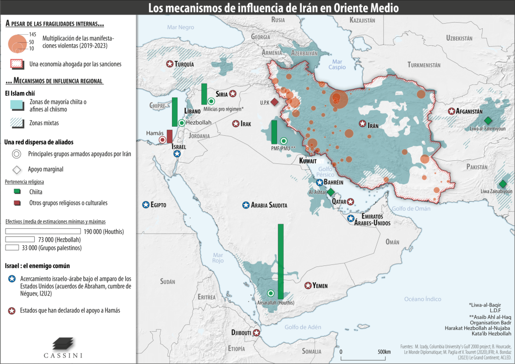 Mapa de la influencia de Irán en Oriente Medio y de los integrantes del Eje de la Resistencia.