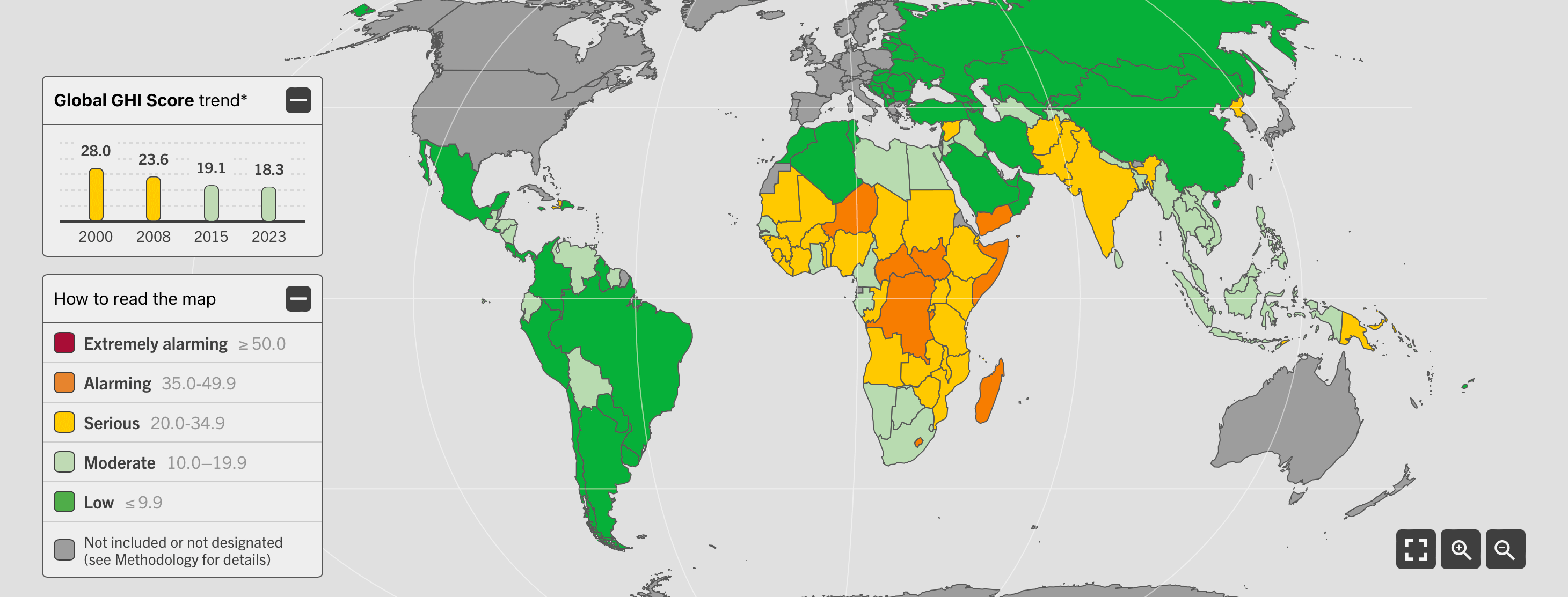 Índice global del hambre según el informe Global Hunger Index. África subsahariana y Asia meridional son las regiones más afectadas. 