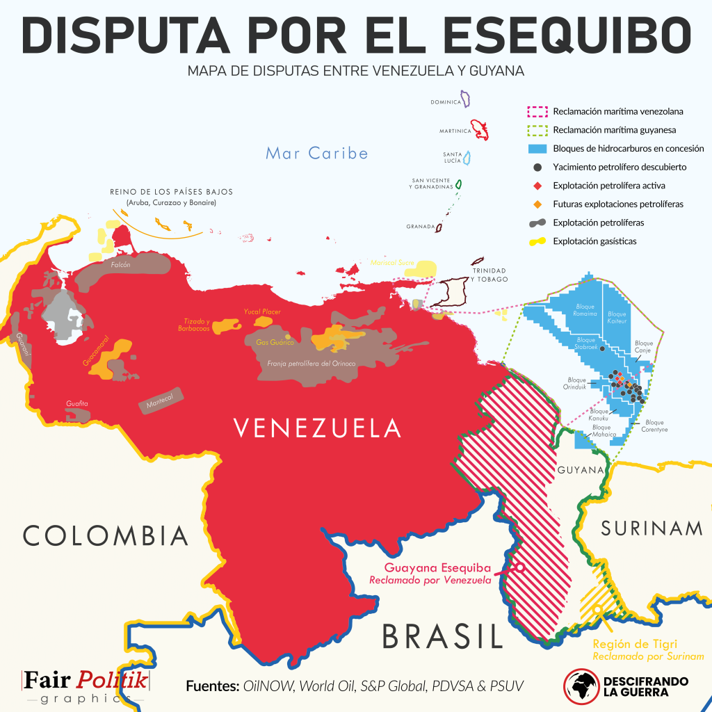 Mapa de la disputa por el Esequibo entre Venezuela y Guyana y las principales reservas de hidrocarburos.