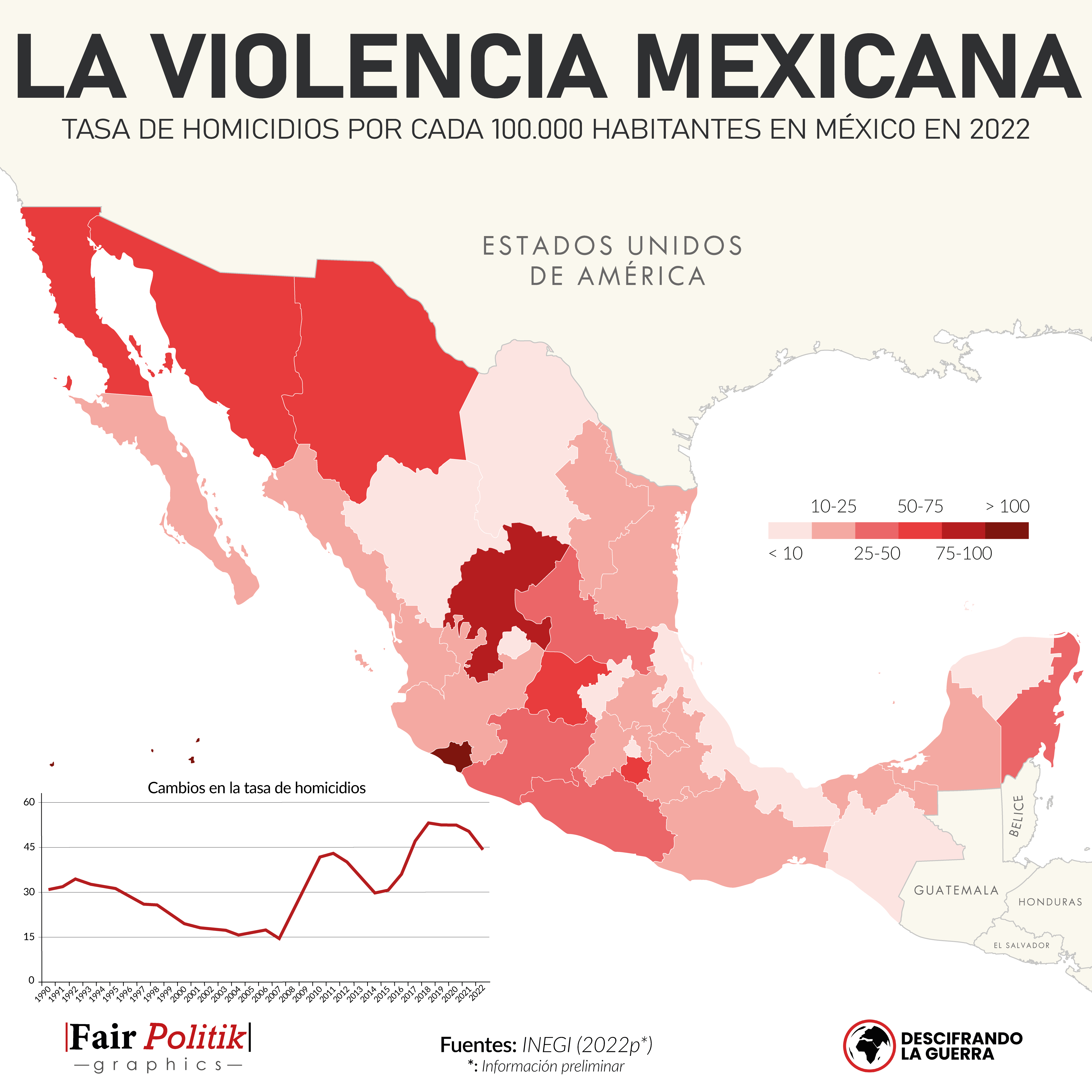 Mapa de la tasa de homicidios en México, registrada en 2022 con datos preliminares del Instituto Nacional de Estadística y Geografía (INEGI)