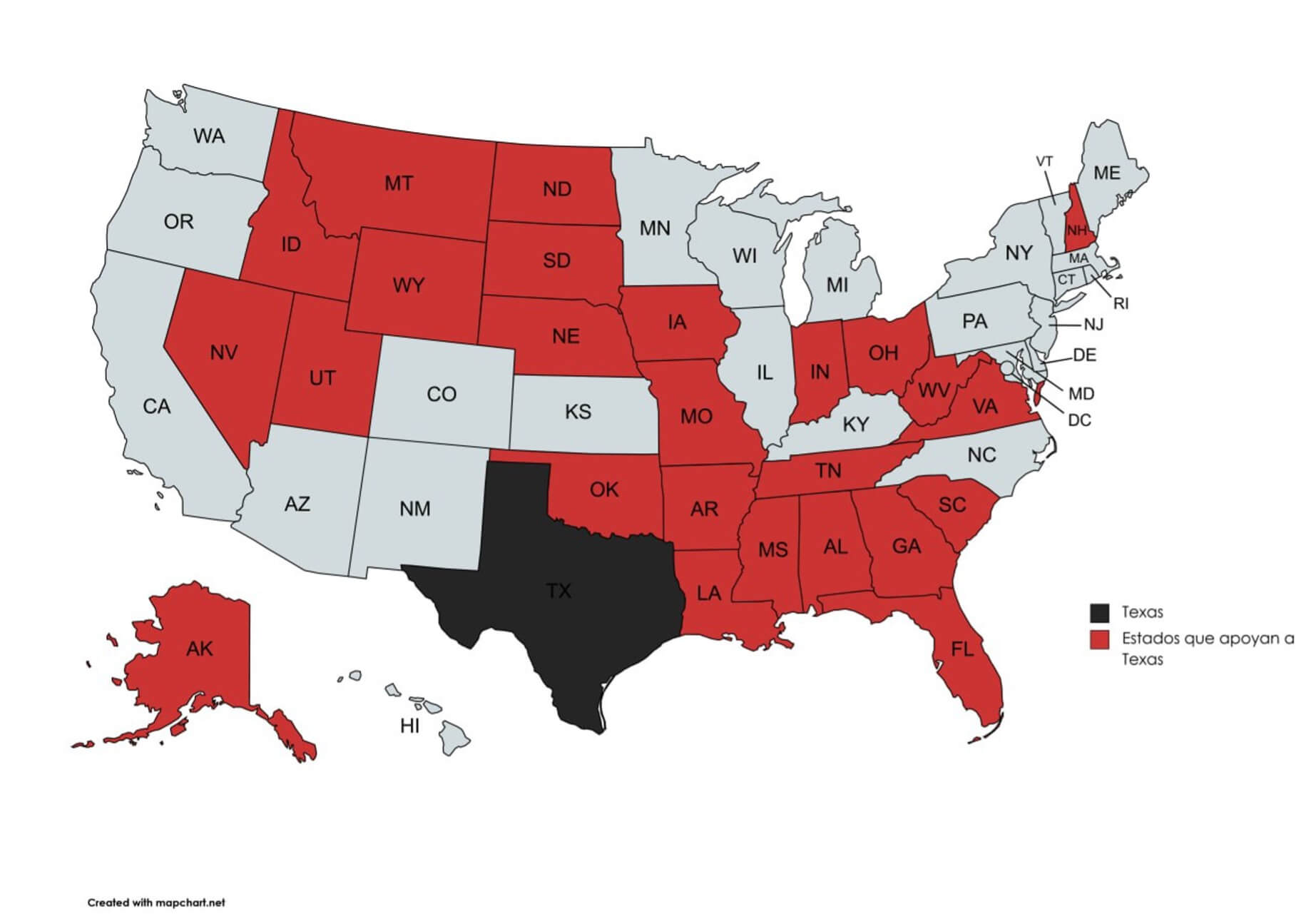 Estados que han mostrado su apoyo a Texas (rojo). 