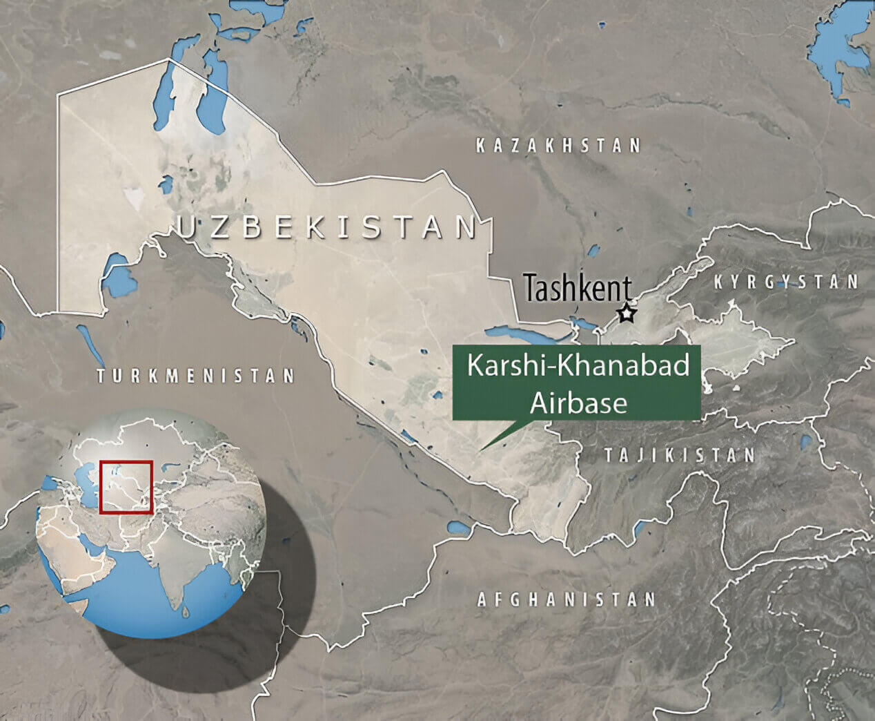 Ubicación de la base militar Karshi Khanabad, Uzbekistán, usada por Estados Unidos para invadir Afganistán tras los atentados del 11-S.