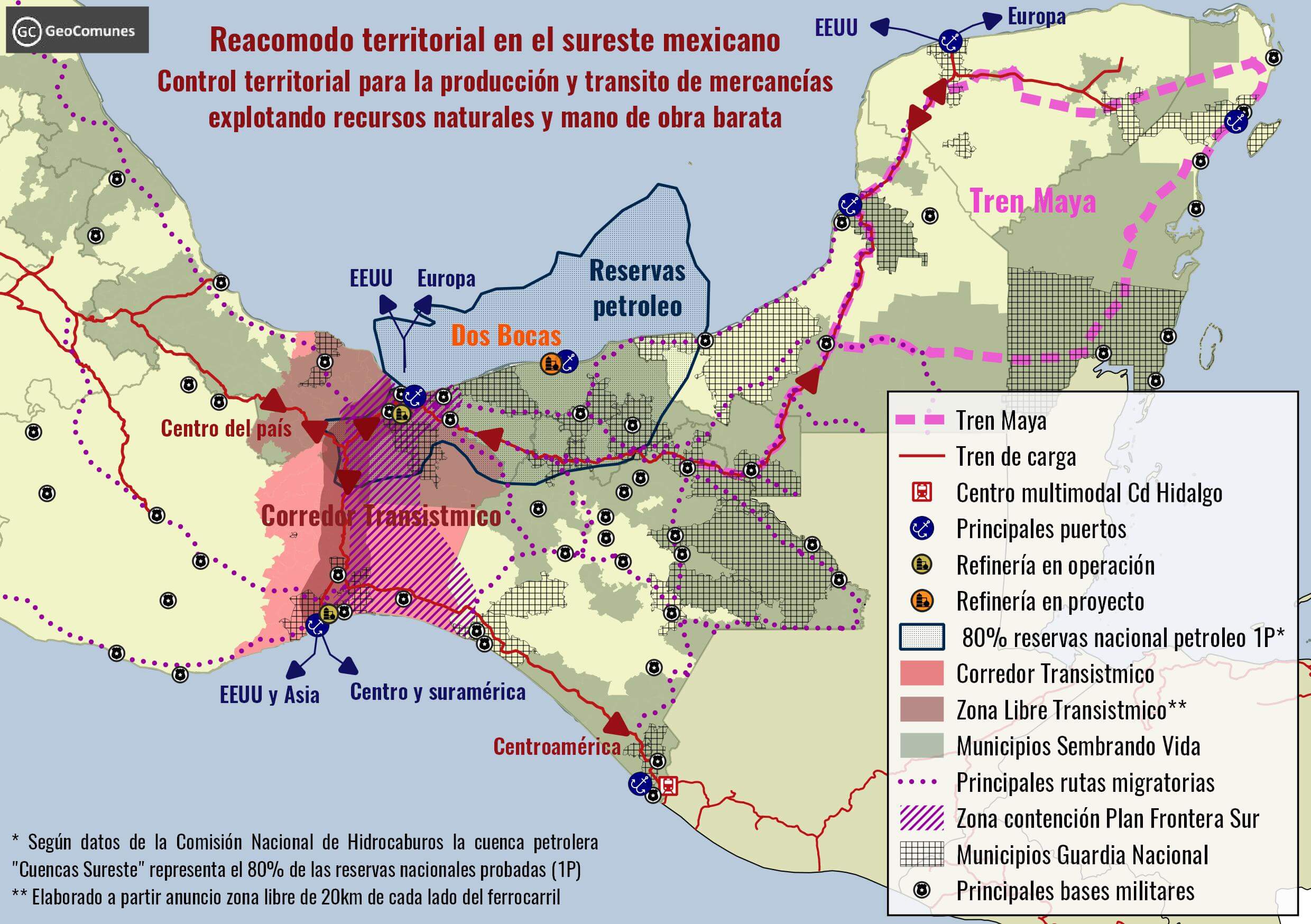 Mapa de los principales activos y proyectos en el sur de México, incluyendo el Corredor Interoceánico del Istmo de Tehuantepec (CIIT).