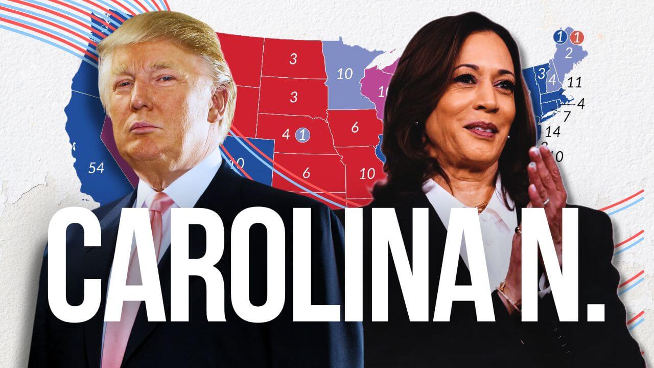 Donald Trump, candidato del Partido Republicano, y Kamala Harris, candidata del Partido Demócrata. Carolina del Norte otorga 16 compromisarios.
