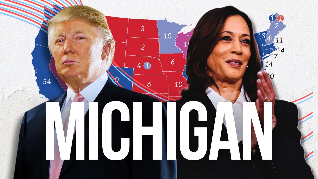 Donald Trump, candidato del Partido Republicano, y Kamala Harris, candidata del Partido Demócrata. Michigan otorga 15 compromisarios.