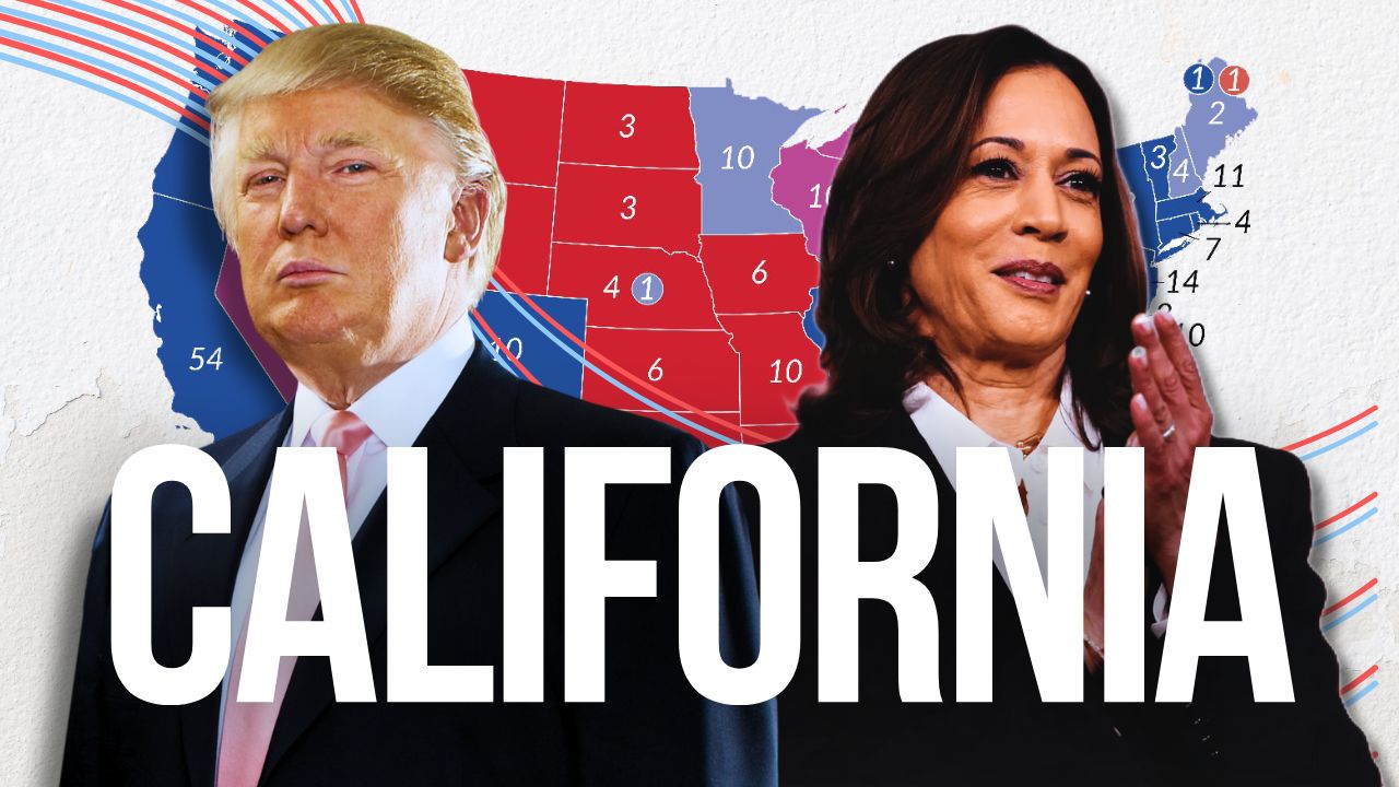 Donald Trump, candidato del Partido Republicano, y Kamala Harris, candidata del Partido Demócrata. California otorga 54 compromisarios.