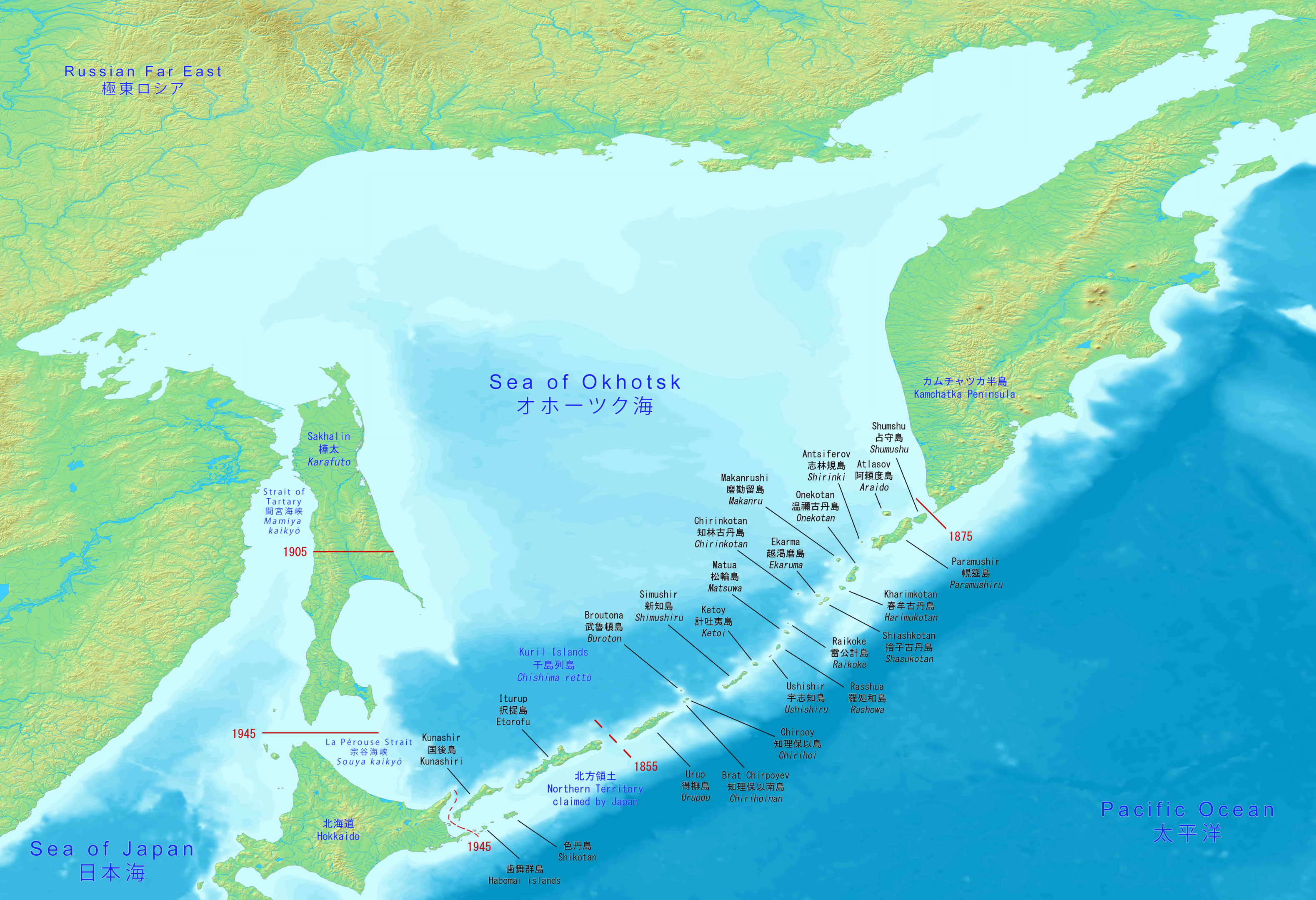 Mapa del Mar de Okhotsk con Hokkaido, las islas Kuriles, la península de Kamchatka y Sakhalin