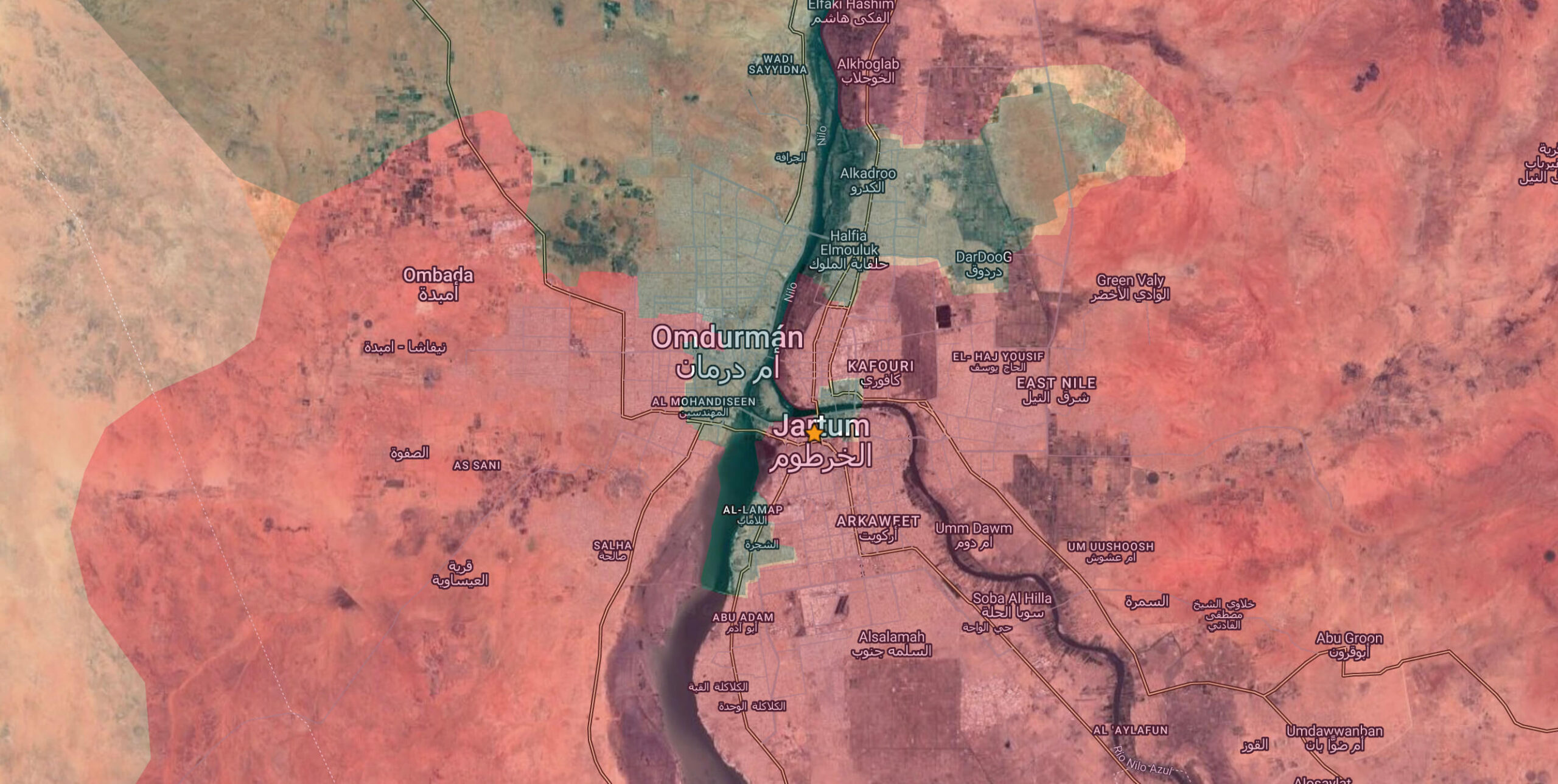 Control territorial de las RSF (rojo) y las Fuerzas Armadas (verde) en Jartum, la capital de Sudán, y alrededores a día de 6 de diciembre de 2024. 