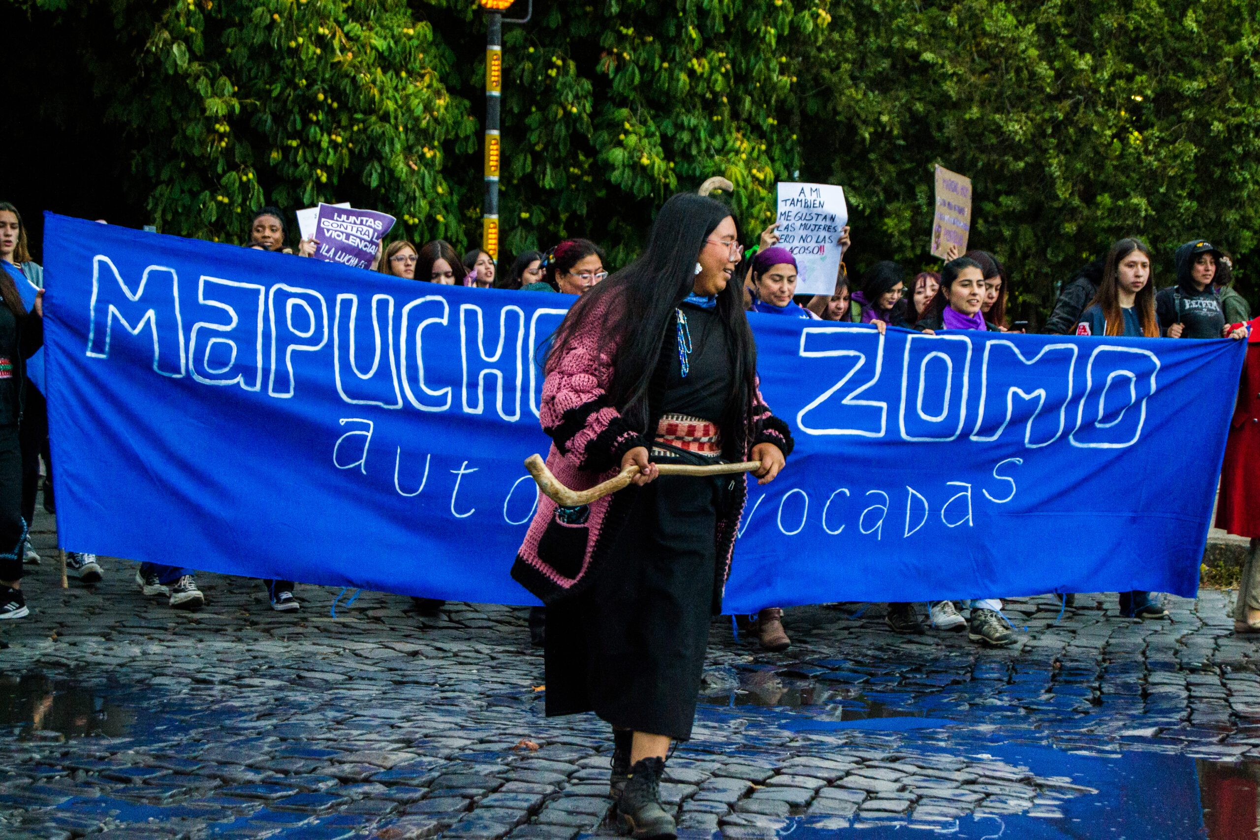 Durante la marcha del 8 de marzo, una mujer desfila sosteniendo un wino, un bate utilizado para practicar el palin, una actividad tradicional mapuche, en Temuco, Chile