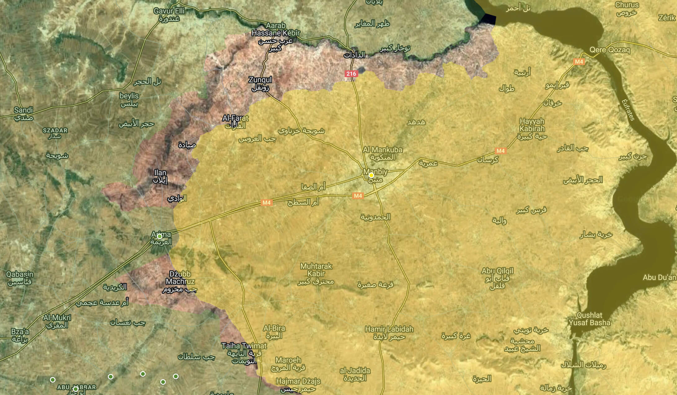 Control territorial en Manbij y alrededores entre las SDF (amarillo) y el SNA (verde) a día 8 de diciembre de 2024. 