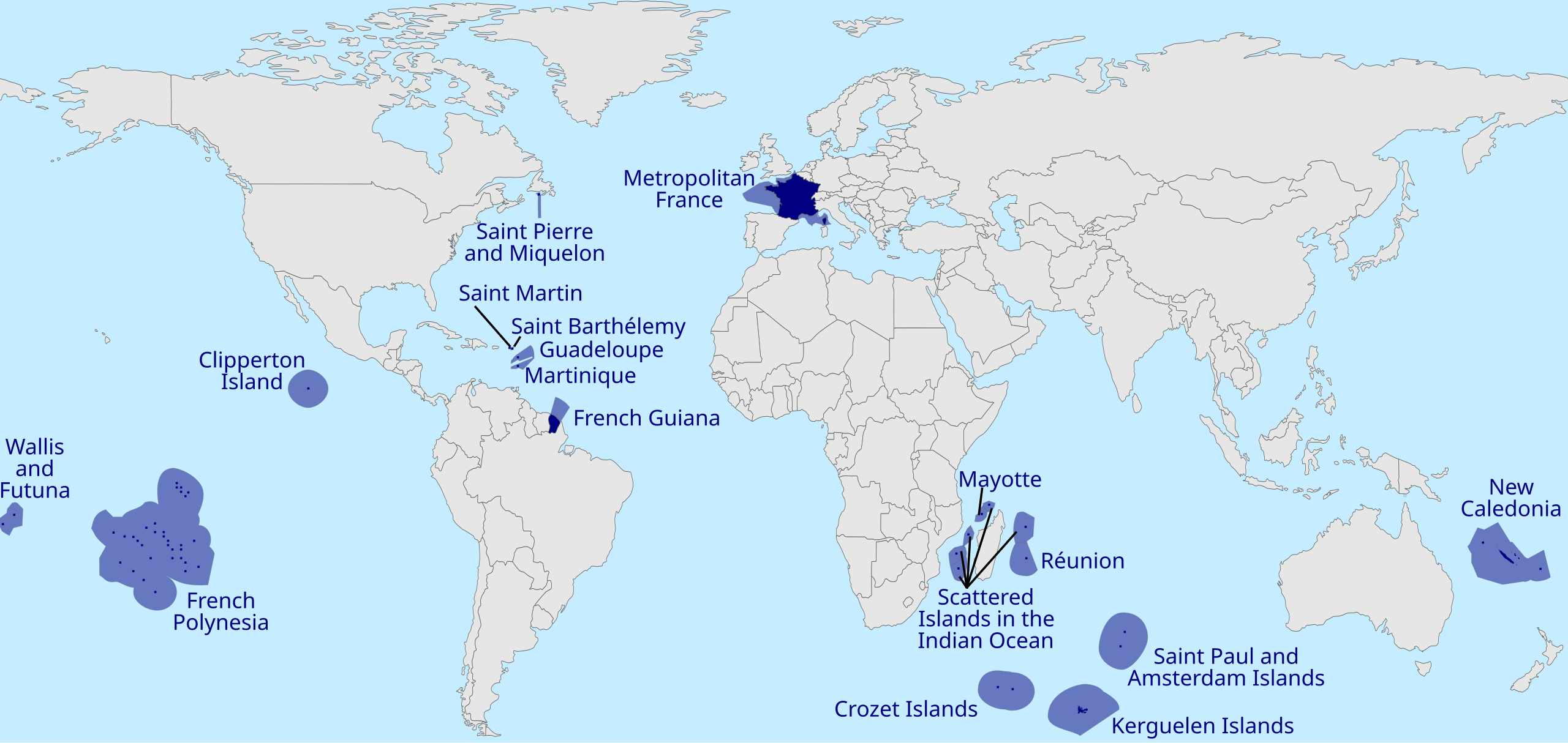 Mapa de los territorios de ultramar de Francia y sus correspondientes Zonas Económicas Exclusivas (ZEE).