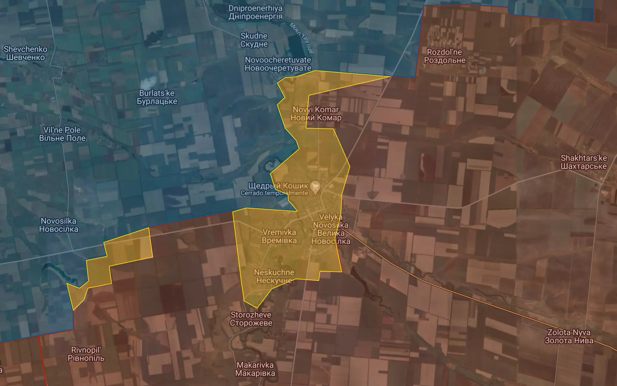 Control territorial en Velika Novosilka a 26 de enero de 2025: en rojo y amarillo, posiciones de las fuerzas rusas; en azul, áreas bajo control de las fuerzas ucranianas.