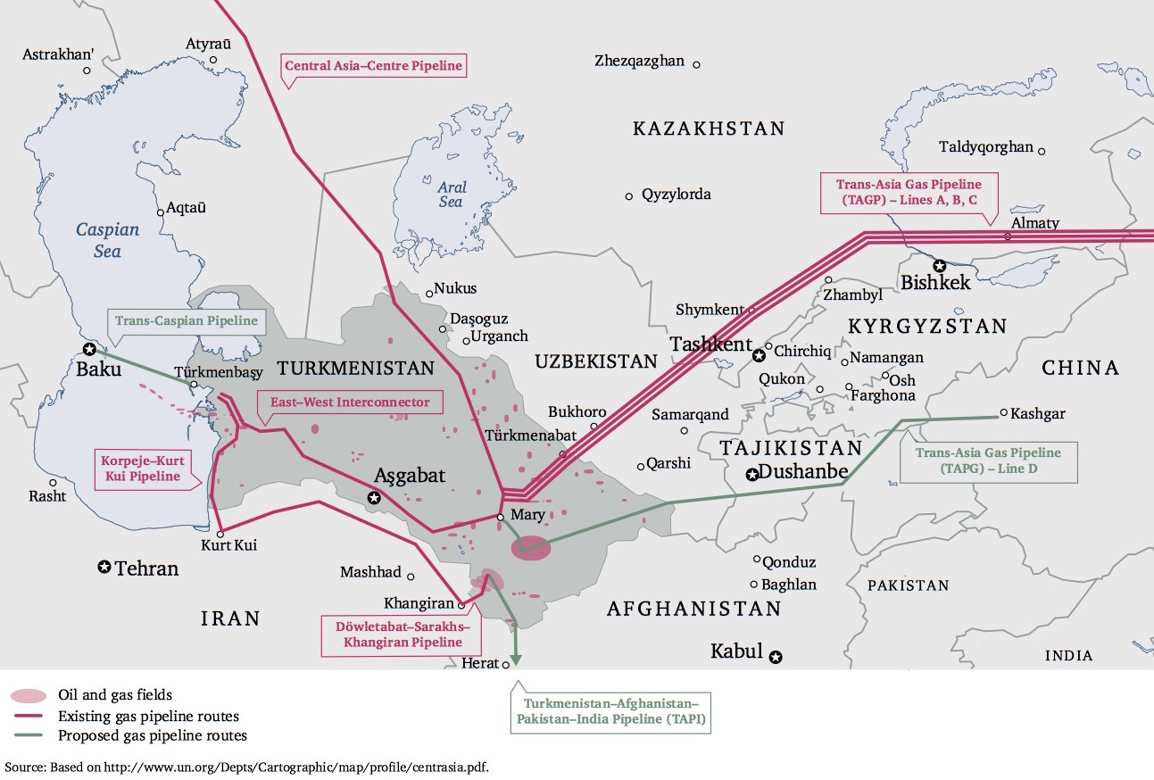 Mapa de los gasoductos y reservas de gas de Turkmenistán.