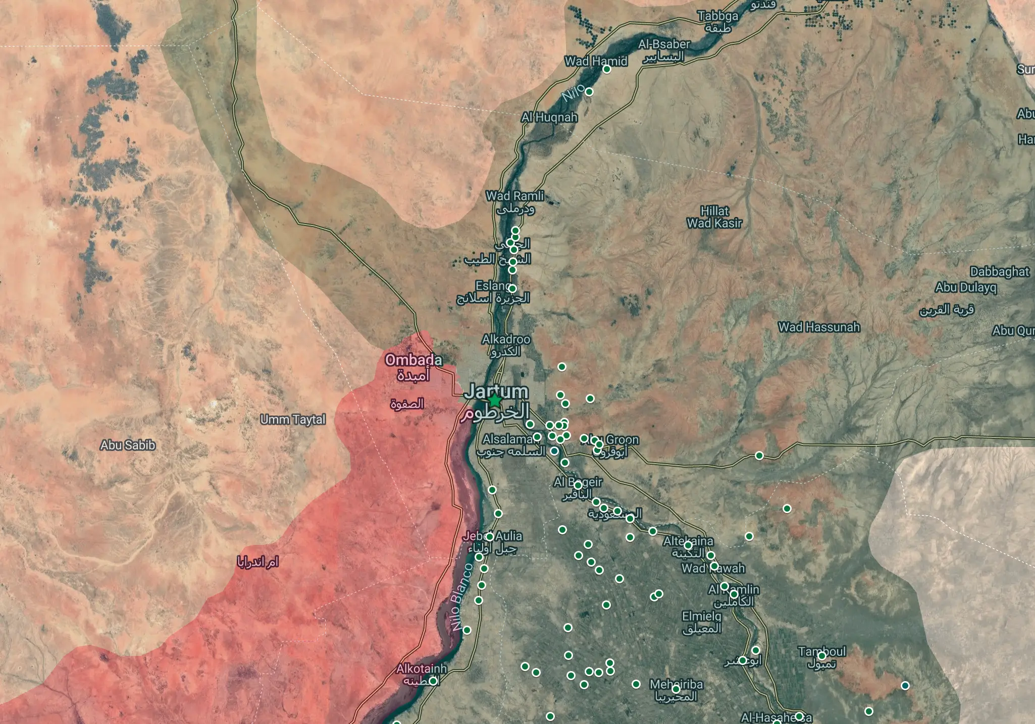 Control territorial de Jartum y los alrededores a día 27 de marzo de 2025. En verde, el ejército de Sudán; en rojo, las Fuerzas de Apoyo Rápido (RSF)