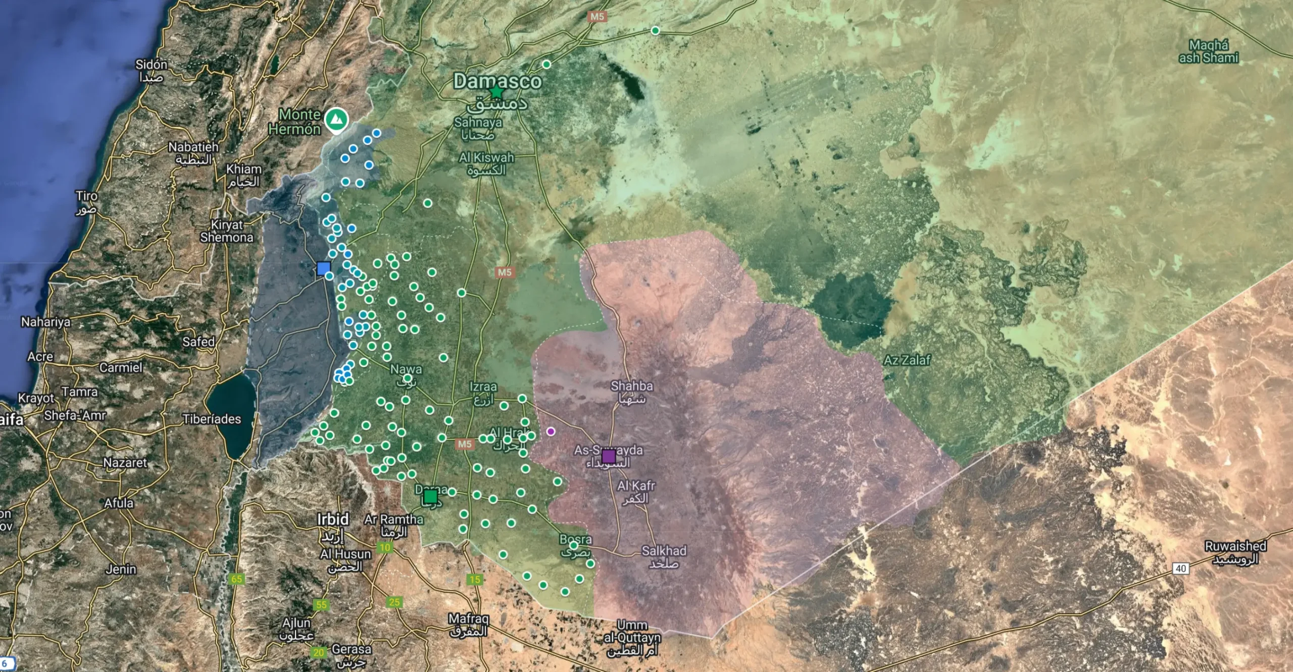 Control territorial en el sur de Siria a 15 de marzo de 2025: Israel (azul), el Consejo Militar de Suwayda (morado) y el nuevo gobierno sirio (verde). 