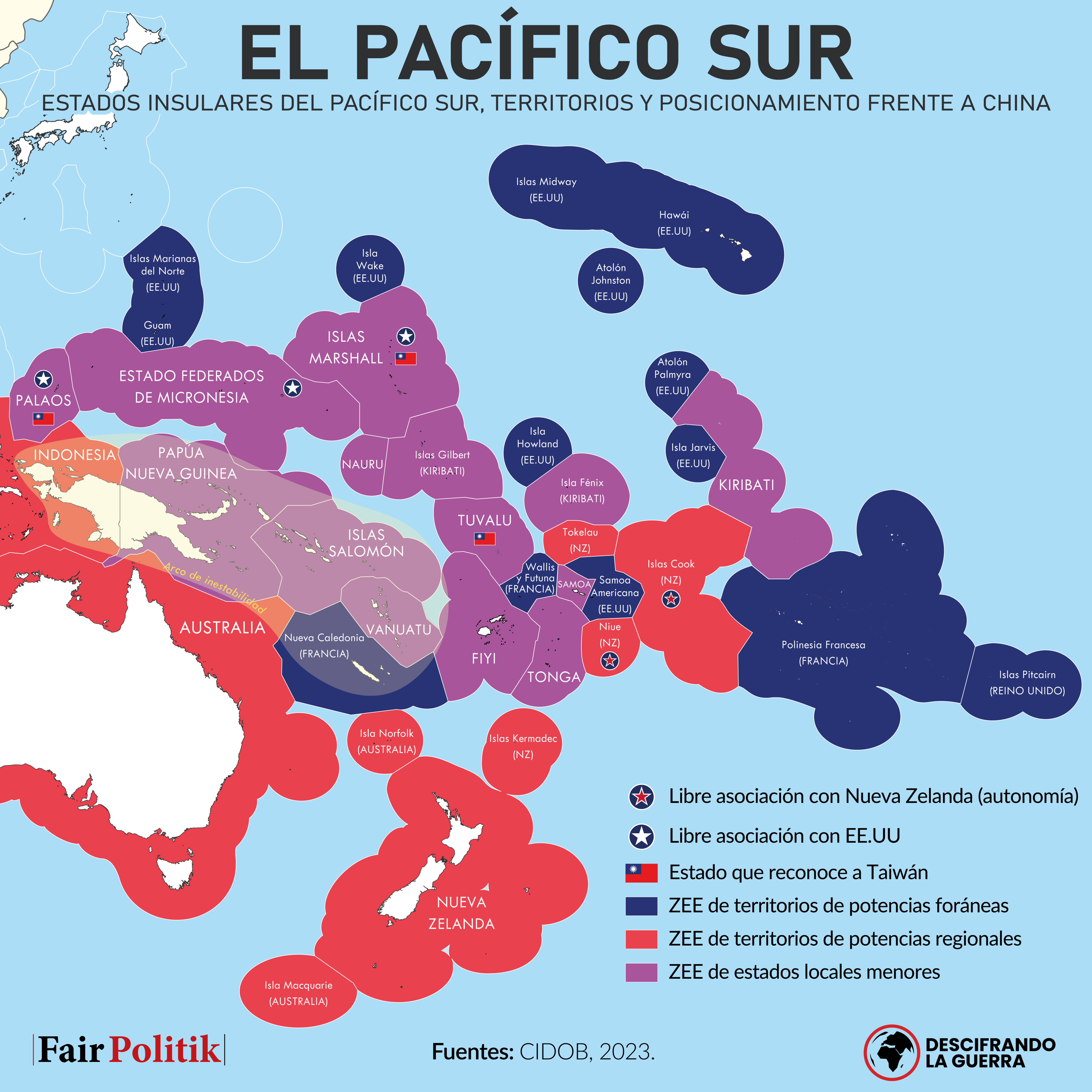 Mapa de la carrera por las islas del Pacífico sur y la ubicación estratégica de Nueva Caledonia, territorio controlado por Francia