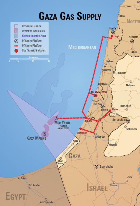 Mapa de la infraestructura gasística y los depósitos de gas natural de la Franja de Gaza. 
