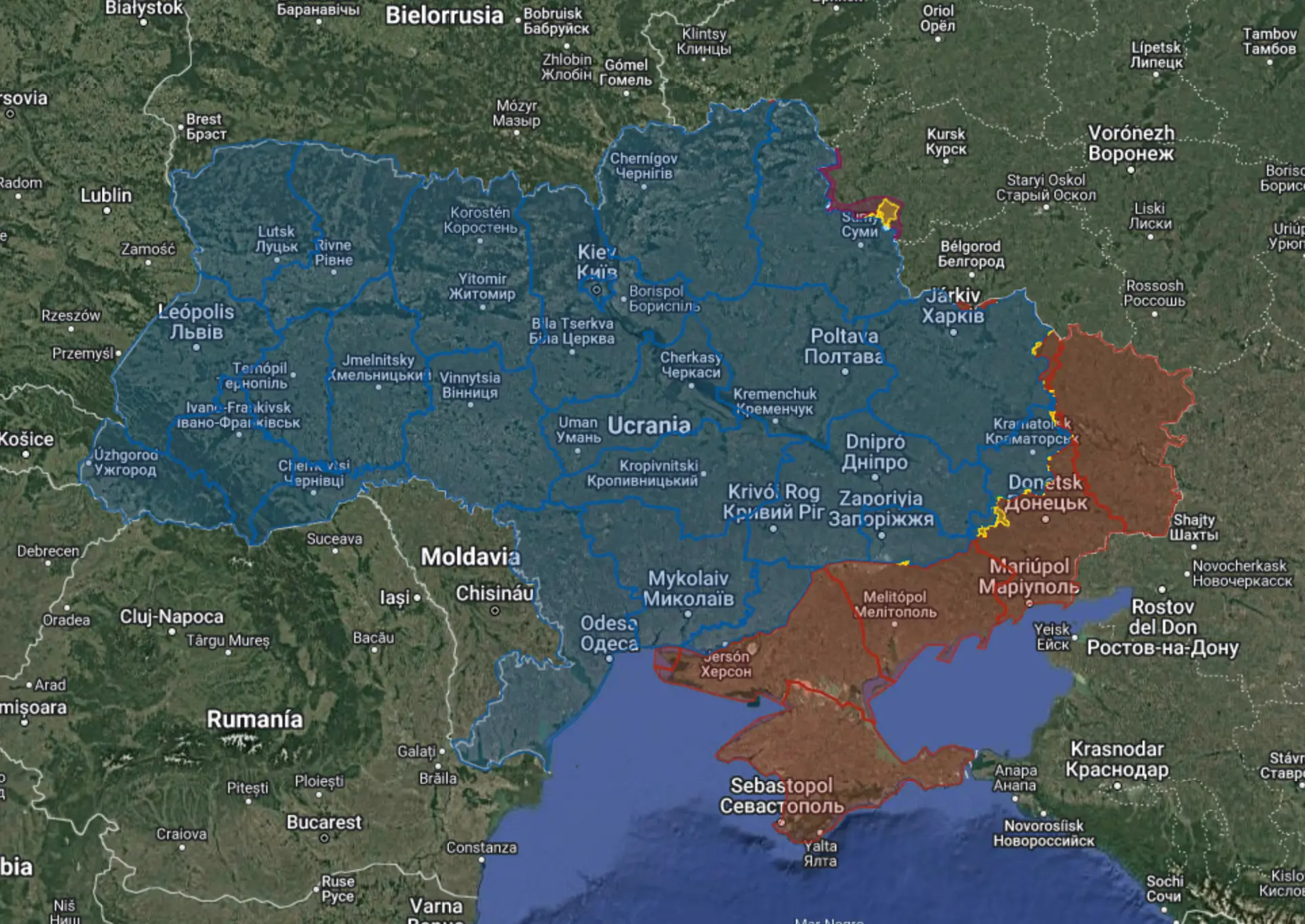 Control territorial en la guerra ruso-ucraniana a día 8 de abril de 2025. 