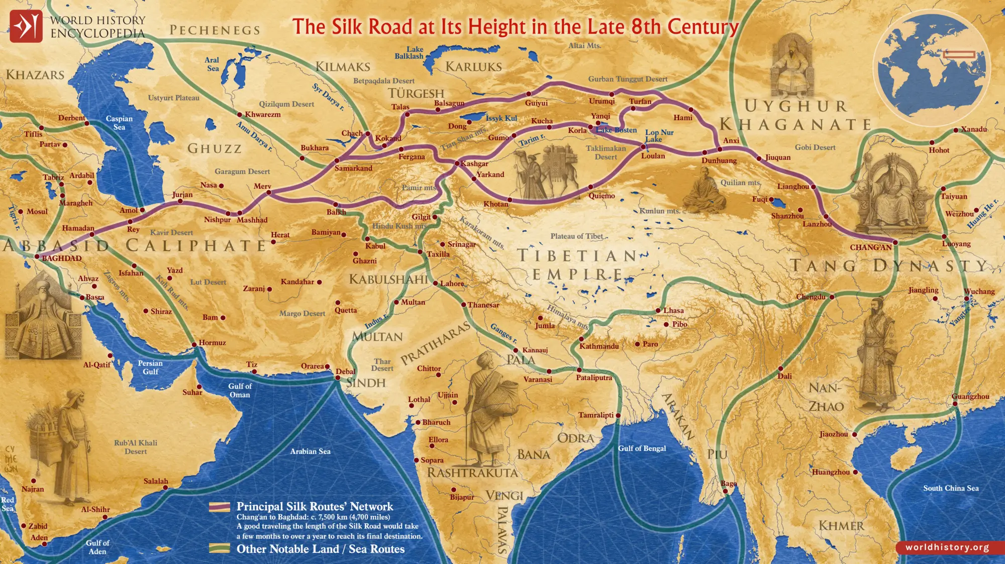 Mapa de la Ruta de la Seda en su apogeo en el siglo VIII.
