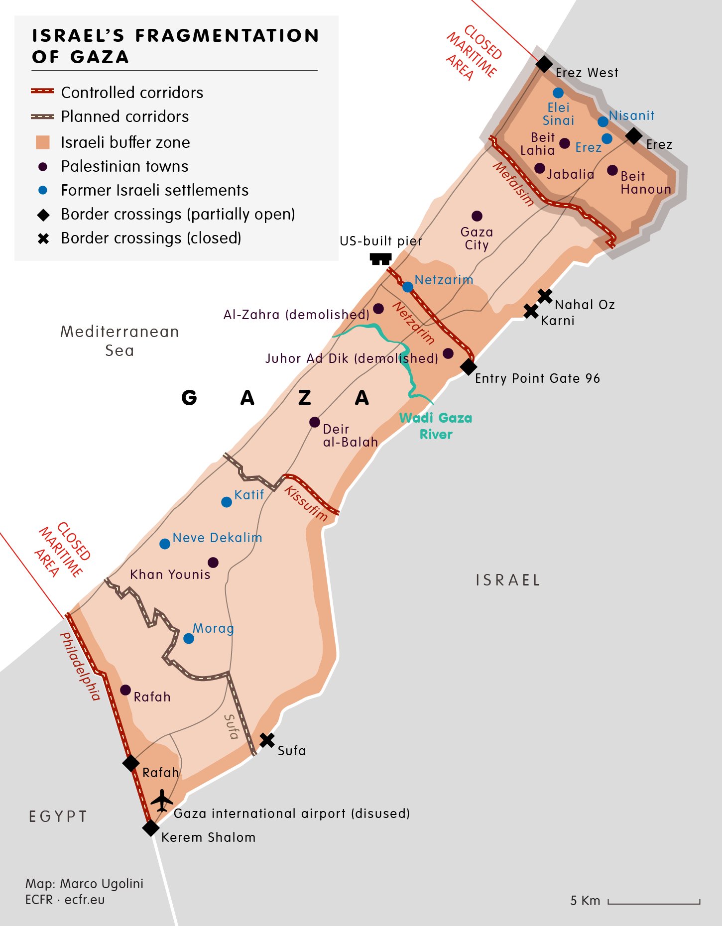 Mapa de los corredores construidos por Israel en la Franja de Gaza bajo la estrategia de los "cinco dedos".