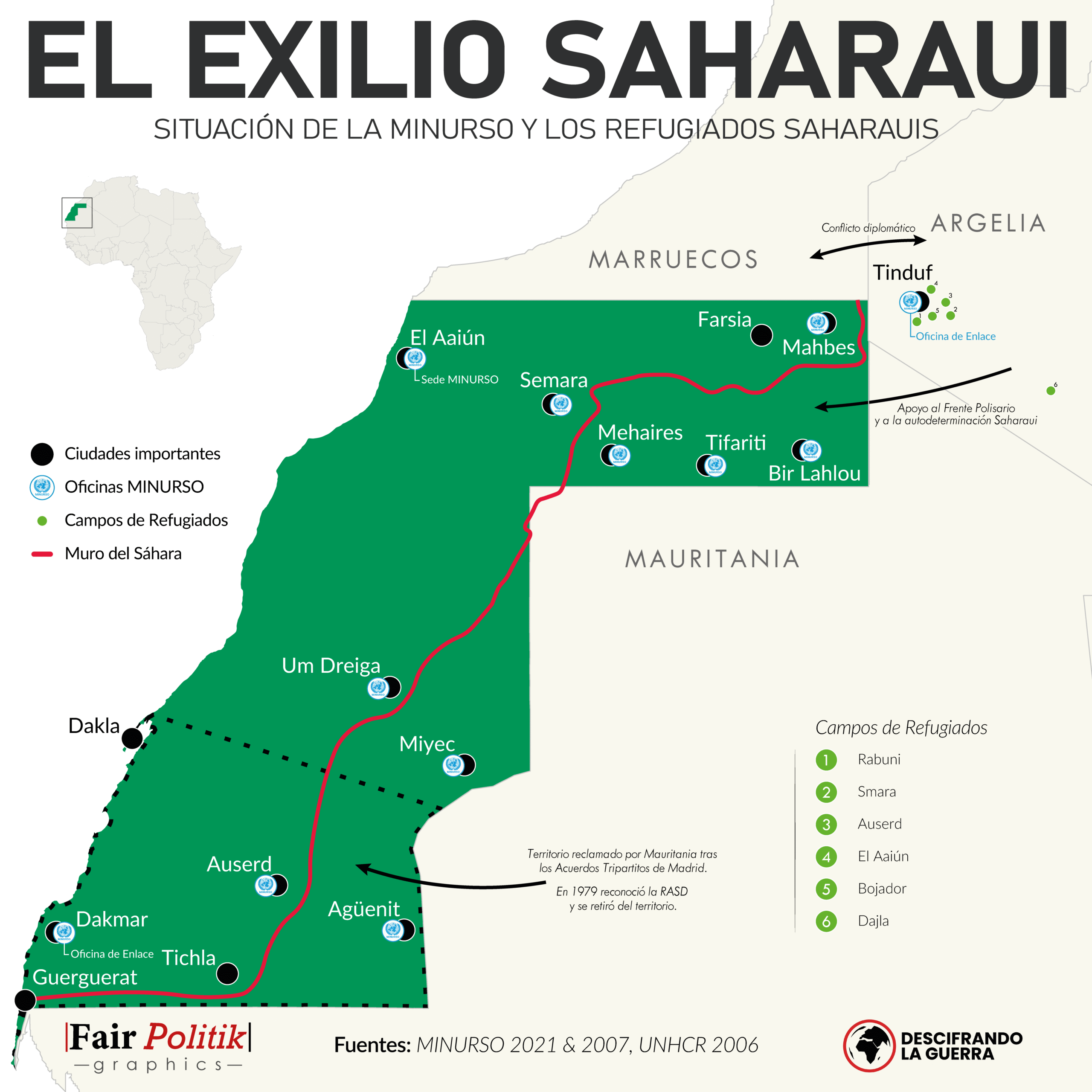Mapa de la ocupación del Sáhara Occidental por parte de Marruecos. 