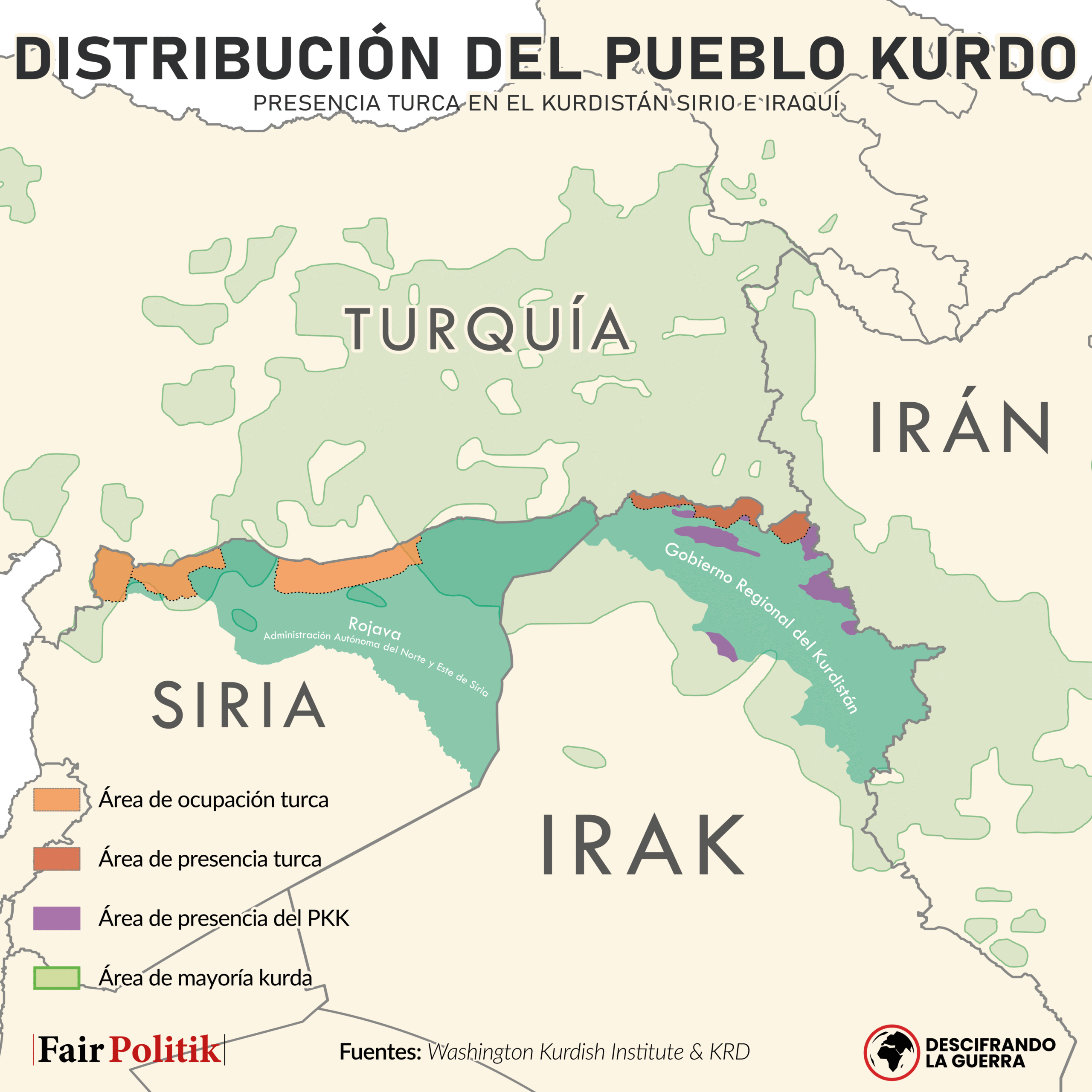 Mapa de la distribución del pueblo kurdo en Turquía, Siria, Irak e Irán.